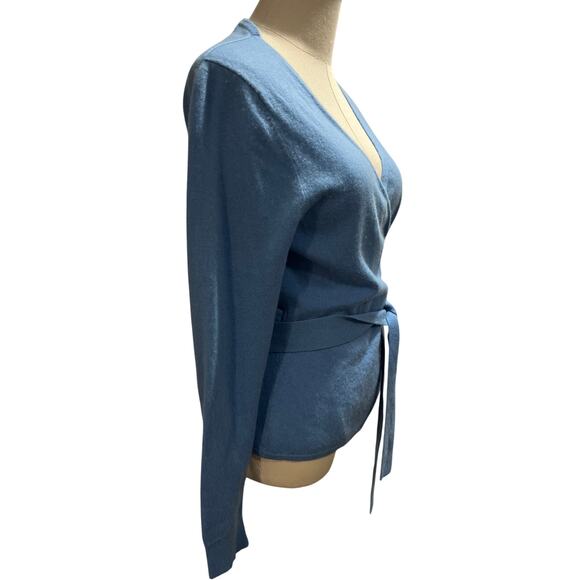 Diane von Furstenberg Wool-Cashmere Knitted Ballet Cloud Blue Wrap Sweater Sz LG - Picture 5 of 12